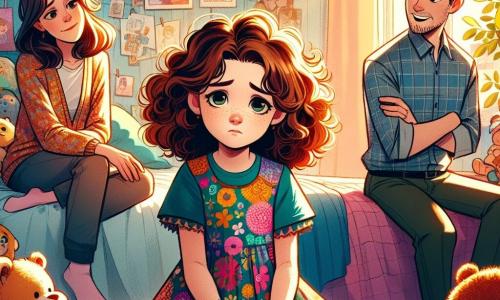Clara, une fille de 9 ans aux cheveux châtains bouclés, porte une robe colorée à motifs floraux. Elle a un regard mélancolique mais déterminé, assise sur son lit entourée de peluches, tenant un carnet de dessins. Sa maman, une femme d'une trentaine d'années avec des cheveux longs et lisses, lui sourit tendrement en posant une main réconfortante sur son épaule. Son papa, un homme d'une trentaine d'années avec une légère barbe et des lunettes, se tient près de la porte, les bras croisés, avec un sourire encourageant. La scène se déroule dans la chambre de Clara, décorée de couleurs vives, avec des posters de dessins animés et des jouets au sol. La lumière du soleil filtre à travers les rideaux, créant une ambiance chaleureuse. Clara partage ses dessins avec ses parents, symbolisant l'amour et le soutien familial malgré la séparation, tandis qu'ils échangent des sourires et des regards pleins de compréhension.