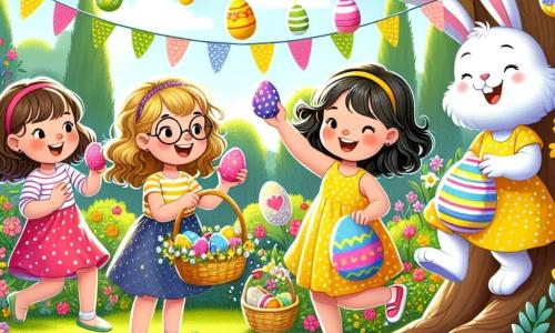 Quatre petites filles, Lila, Zoé, Mia et Chloé, âgées de 6 à 7 ans, sont dans un jardin ensoleillé. Lila peint un œuf rose, Zoé tient un œuf bleu décoré de pois, Mia montre un œuf doré, et Chloé découvre un œuf à étoiles. Le jardin est coloré avec des fleurs et des guirlandes de papier, et un lapin de Pâques souriant est présent avec un panier d'œufs décorés. Les filles s'amusent à chercher les œufs cachés, créant une atmosphère joyeuse et festive.