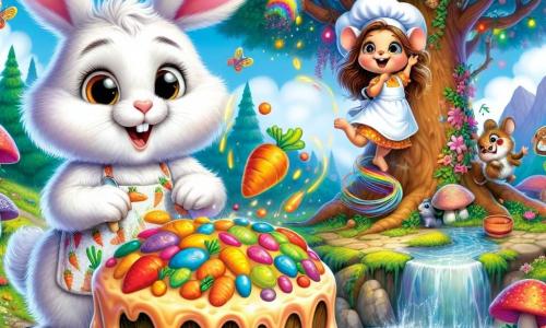 Barnabé, un lapin aux grandes oreilles et au pelage blanc, se tient au centre, surpris et souriant, tenant une tarte colorée qui saute. À sa droite, Zoé, une souris brune aux yeux pétillants, grimpe sur une souche d'arbre, riant avec une toque de chef et un fouet en bois. En arrière-plan, un arbre à cloches colorées se dresse, entouré de champignons et de fleurs éclatantes, tandis qu'une rivière scintillante coule à côté, peuplée de libellules. La scène montre Barnabé et Zoé préparant une tarte magique, créant une atmosphère joyeuse dans la forêt enchantée de Chafouin-les-Mousses.