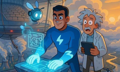 Flashmarin, héroïque et concentré, visage déterminé aux yeux bleu profond, porte un costume bleu vif à éclairs blancs, bottes à propulsion et gants lumineux, et manipule une large console en cristal sur le toit d’un drone géant translucide; à ses côtés, le professeur Pluvio, penaud et surpris, cheveux gris en bataille et blouse humide, tient une tablette clignotante; un petit robot rond projette un hologramme bleu pâle près de la console; autour d’eux, un amphithéâtre de verre suspendu au‑dessus des nuages, câbles et voyants rouges, et en contrebas la ville de Lumina sous une pluie qui s’apaise; Flashmarin inverse les pompes du Nuaginateur: la vapeur est aspirée, les gouttes s’estompent, les nuages se dissipent et la rivière se retire, créant une scène d’action technique aux contrastes de bleu électrique, gris orageux et reflets dorés du soleil naissant.