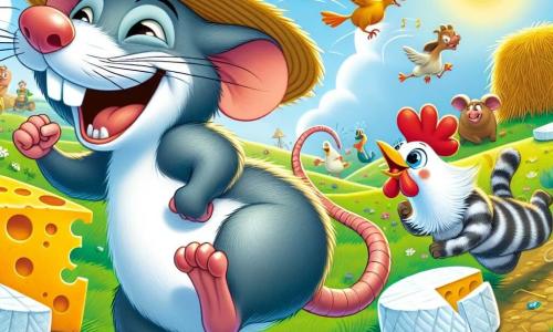 Rémi le rat, un petit rongeur malicieux portant un chapeau de paille, sourit en courant joyeusement avec un fromage camembert sous le bras. À ses côtés, Chatouille le chat, un félin rayé gris et blanc, se frotte les pattes en riant, prêt pour la course de fromage. Plume, la poule dorée, glousse en sautillant derrière son fromage brie. La scène se déroule dans un pré verdoyant avec des fleurs colorées, sous un ciel bleu ensoleillé, où des animaux comme des canards et des cochons encouragent les coureurs. Rémi et ses amis sont en pleine course, créant une ambiance joyeuse et ludique.