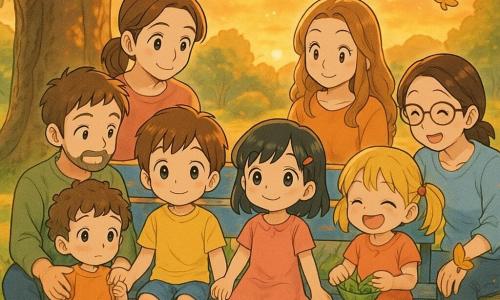 Huit personnes assises ensemble sur un banc usé sous un grand chêne au coucher du soleil : quatre enfants — Léo (garçon, 6 ans, cheveux châtains courts) et Mina (fille, 6 ans, cheveux noirs mi-longs avec barrette) assis au centre se tenant la main, Yan (garçon, 6 ans, cheveux bruns bouclés) à l'extrémité gauche tenant la main de son père, Zoé (fille, 6 ans, cheveux blonds en couettes) à l'extrémité droite construisant une petite barque de feuille sur ses genoux — et leurs quatre parents proches d'eux, posant des gestes affectueux; décor : parc avec herbe verte, quelques feuilles tombées, une mare à nénuphars et un petit chemin de gravier; ambiance douce et chaleureuse aux tons or et orange du soleil couchant, style manga aux traits ronds et couleurs chaudes, composition centrée sur les liens affectueux.