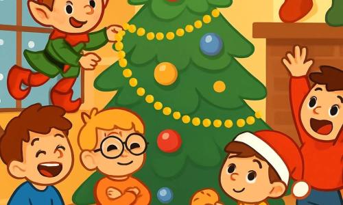 Il y a 5 personnages : un lutin farceur en bonnet rouge et souliers verts, souriant et lançant des guirlandes de Noël depuis une branche du sapin ; Léo, 7 ans, avec des cheveux bruns en bataille et un pull bleu, riant au sol ; Max, 6 ans, blond avec des lunettes rondes, debout à côté de Léo, souriant ; Tom, 8 ans, châtain avec un bonnet de Noël, accroupi avec un biscuit à offrir au lutin ; et Hugo, 5 ans, noir avec un pull rouge, debout sur une chaise, essayant d'atteindre le lutin. Le lieu est un salon chaleureux, décoré pour Noël avec un grand sapin vert, des boules colorées, des guirlandes lumineuses, des flocons de neige tombant à l'extérieur et des chaussettes de Noël accrochées au-dessus de la cheminée. La scène montre le lutin jouant avec les décorations du sapin, tandis que les garçons rient et s'amusent autour de lui, créant une atmosphère joyeuse.