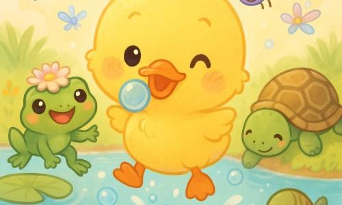 Un canard jaune rond et doux au petit bec orange fait des bulles et saute légèrement sur un étang ensoleillé; à gauche, une grenouille verte lisse au chapeau de fleurs sourit et saute sur un nénuphar; à droite, une tortue à carapace brune plonge doucement, joyeuse; des poissons argentés font des bulles autour des pattes du canard et des libellules bleu-violet voltigent au-dessus, créant une ambiance gaie et chaleureuse de concours de sauts.