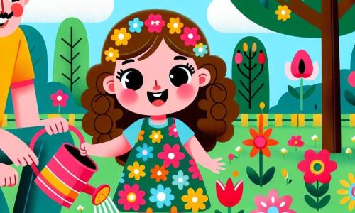 Une petite fille de 2 ans, aux grands yeux brillants et cheveux bouclés, porte une robe à fleurs et sourit en arrosant des fleurs dans le jardin avec un arrosoir rose. Sa maman, d'environ 30 ans, cheveux longs et bruns, en t-shirt jaune et jean, montre une tulipe rouge avec fierté à côté d'elle. Son papa, environ 35 ans, avec une légère barbe et un t-shirt bleu, prépare le jardin avec un seau de terre. Le jardin est lumineux, rempli de fleurs colorées, d'arbres verts et d'un ciel bleu avec des nuages blancs. Lily, joyeuse, arrose les fleurs pendant que ses parents l'encouragent à découvrir la beauté du printemps.