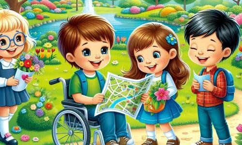 Dans un parc ensoleillé au printemps, quatre enfants sont réunis pour une chasse au trésor. Lucas, 11 ans, sourit avec une carte, Sarah, 10 ans, tient un bouquet de fleurs, Hugo, 11 ans, est dans son fauteuil roulant avec un œuf en chocolat, et Maxime, 11 ans, lit un indice. Le parc est fleuri, avec un lac scintillant et des canards. Les enfants cherchent des indices tout en partageant des rires et des moments d'amitié.