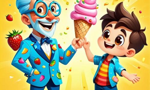 Monsieur Gloubi, un homme jovial en costume bleu vif orné de motifs de glaces colorées, fait apparaître une glace aux fruits d'un claquement de doigts, ses yeux brillants de joie. À ses côtés, Super Débile, un garçon espiègle d'environ 10 ans avec des cheveux en bataille et un t-shirt à rayures multicolores, rit en glissant sur une glace tombée au sol. Le Capitaine PinPon, un autre garçon de 9 ans avec une casquette rouge, sonne une cloche brillante, entouré de confettis colorés. La scène se déroule sur la grande place de Rigolopolis, où des enfants rient et dansent autour d'une fontaine, sous un ciel bleu. L'ambiance est festive avec des tables chargées de glaces multicolores. Monsieur Gloubi et ses amis profitent de la fête des glaces, tandis que Super Débile tombe dans un tas de crème fouettée, provoquant un éclat de rire général.