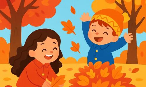 Il y a deux personnages principaux : Emma, une fille de 7 ans aux longs cheveux bouclés, souriante, portant un manteau rouge et des bottes jaunes, qui se tient à gauche en ramassant des feuilles, et Tom, un garçon de 6 ans avec un chapeau amusant et des cheveux courts, vêtu d'un manteau bleu et de bottes vertes, qui saute joyeusement à droite dans un tas de feuilles. Le décor est un jardin d'automne avec des arbres aux feuilles rouges, oranges et jaunes, un sol tapissé de feuilles croustillantes et un ciel bleu clair avec des nuages blancs. La scène montre Emma et Tom s'amusant à ramasser et sauter dans les feuilles, créant une ambiance joyeuse.