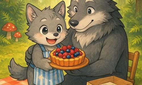 Petit Loup, louveteau anthropomorphe au visage rond et pelage gris doux, tenant une tarte aux baies dorée sur une assiette en bois et portant un tablier rayé taché de farine, est serré tendrement par Papa Loup, grand loup gris plus foncé aux mèches blanches, assis sur une petite chaise, dans une clairière ensoleillée tapissée de mousse, fougères et petits champignons rouges ; sur une nappe à carreaux au sol une boîte ouverte révèle un dessin et des enveloppes en feuille de châtaignier à côté de la tarte : scène chaleureuse et intime de fête des pères, peinture douce et lumineuse aux couleurs chaudes, style manga enfantin aux traits ronds et expressions tendres.