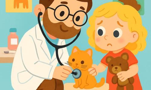 Un vétérinaire, le Docteur Paul, souriant et bienveillant, porte une blouse blanche et des lunettes rondes. Il est accroupi, tenant un petit chaton avec douceur. À côté de lui, une petite fille de 7 ans, Léa, aux cheveux blonds et bouclés, observe le chaton avec inquiétude et espoir, tenant son doudou. La scène se déroule dans une clinique vétérinaire lumineuse, avec des murs bleu pastel, des affiches d'animaux et des jouets éparpillés. Docteur Paul écoute le cœur du chaton avec un stéthoscope, tandis que Léa le caresse, illustrant le lien spécial entre les animaux et leurs soignants.