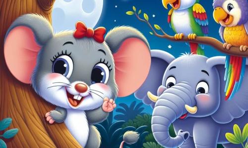 Une petite souris nommée Mimi, avec un pelage gris et des yeux pétillants, rit en sautillant derrière un arbre dans un zoo. Elle porte un nœud rouge sur la tête. À côté, un éléphant nommé Émile, immense et amusant, fait semblant d'être un garde. Un perroquet coloré nommé Paco, perché sur une branche, observe la scène. Le zoo est éclairé par la lune, avec des buissons verts et des enclos en arrière-plan. Mimi et ses amis jouent à cache-cache, riant ensemble sous les étoiles, créant une atmosphère joyeuse.