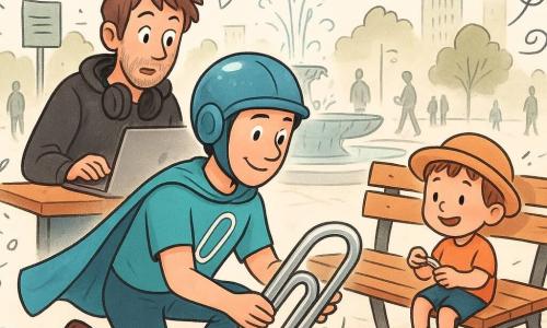 Pince-Man, sourire bienveillant et regard concentré, casque brillant, cape bleu-cyan et T-shirt à trombone, s'agenouille pour tendre un trombone géant chromé vers un banc en bois tandis que Milo, ~28 ans, cheveux en bataille, sweat noir et casque audio autour du cou, regarde soulagé l'écran d'un ordinateur portable comme s'il venait d'enregistrer le montage ; un garçon de 5 ans, chapeau rond, assis sur le banc joue et rit avec une petite clé tombée ; scène sur la place des Trois-Fontaines (dalles claires, fontaine centrale, passants stylisés, graines de tournesol au sol), ambiance comique et chaleureuse, mouvements calmes, étincelles de pixels autour du trombone, couleurs vives et contrastes chauds.