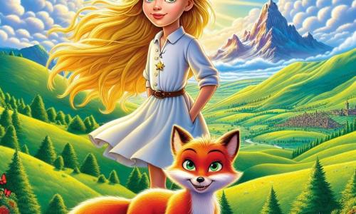 Éloïse, une fille de 11 ans, se tient au sommet d'une colline verdoyante, avec des yeux brillants et des cheveux dorés flottant au vent. Son visage exprime détermination et joie, prête à poursuivre son aventure. À ses côtés, Filou, un petit renard à la fourrure rousse, l'observe avec un sourire espiègle. Le décor est une vallée magnifique, entourée de collines et de fleurs colorées, sous un ciel bleu avec des nuages blancs. Au loin, la Montagne des Étoiles se dresse, ses cimes scintillant sous le soleil couchant. Éloïse et Filou, déterminés et unis, sont prêts à affronter les défis qui les attendent.