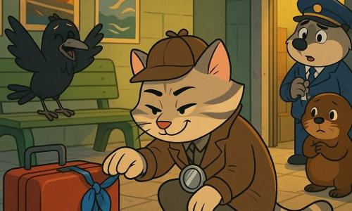 Pistache, chat détective anthropomorphe tigré crème et gris, accroupi, souriant mais concentré, loupe métal au collier, touche délicatement un ruban bleu à la poignée d'une valise rouge découverte dans un local derrière une porte d'ascenseur entrouverte sur un quai de gare rétro; Colette, corneille élégante avec une plume blanche, ailes mi-ouvertes, émue et soulagée sur un banc vert; Lila, petite loutre brune, contrite près d'un chariot à bagages vide; Basile, blaireau agent de quai casquette trop grande, un sifflet argenté à la patte, soulagé en retrait; ambiance mystérieuse et réconfortante, lumière douce mêlant jaune des lampadaires et halo froid de l'ascenseur, ombres longues, couleurs vives aux textures légèrement granuleuses, traits nets, contours noirs et expressions exagérées, composition centrée sur la valise et les personnages en demi-cercle.
