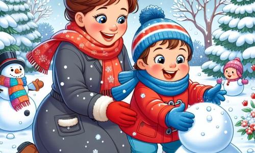 Léo, un petit garçon de 1 an aux joues roses et aux yeux pétillants, porte un manteau rouge et des gants bleus. Accroupi dans la neige, il rit en touchant la neige avec ses petites mains. Sa maman, une femme d'une trentaine d'années avec des cheveux bruns en chignon, sourit en lançant une boule de neige. Elle est vêtue d'un manteau bleu et d'une écharpe colorée. Le jardin est enneigé, avec des flocons tombant et des arbres couverts de neige, ainsi qu'un bonhomme de neige avec un chapeau noir. Léo et sa maman jouent joyeusement dans la neige, créant des boules et admirant leur bonhomme de neige.