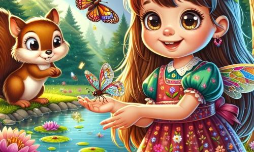 Une petite fille de 6 ans, Léa, se tient au bord d'un étang, souriante, avec de longs cheveux bruns et une robe colorée à fleurs. Elle tend la main vers une libellule délicate. À côté, un écureuil nommé Noisette grimpe sur une branche, observant la scène. Un papillon multicolore vole autour d'eux, ajoutant une touche de magie. Le jardin verdoyant est entouré d'arbres et de fleurs, avec un étang scintillant où flottent des nénuphars. Léa aide la libellule blessée à se reposer près de la rive, illustrant l'amitié et la bienveillance.