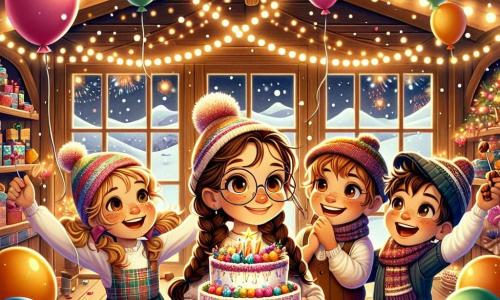 Quatre amis, deux filles et deux garçons, se trouvent dans une cabane en bois décorée pour le Nouvel An. Margot, 10 ans, avec des cheveux bruns et des lunettes, sourit en tenant un gâteau coloré. Chloé, 9 ans, aux cheveux blonds et bouclés, danse avec des ballons. Léa, 10 ans, avec des cheveux noirs tressés, admire les guirlandes scintillantes. Emma, 9 ans, avec des cheveux châtains et une casquette, jongle avec des noisettes en riant. La cabane est entourée de flocons de neige, avec des lumières créant une ambiance festive. Les amis célèbrent ensemble, échangeant rires et résolutions pour la nouvelle année, prêts pour une aventure inoubliable.