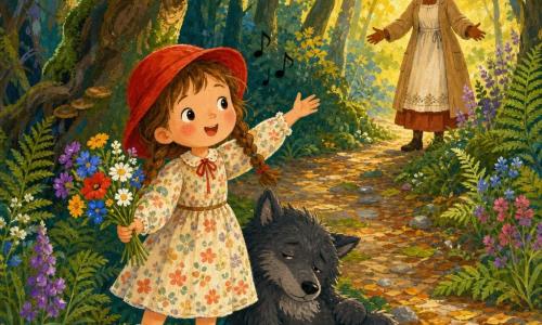 Une fillette de 4 ans aux joues roses et tresses, souriante et courageuse, porte un chapeau rouge, une robe à fleurs et tient un petit bouquet multicolore; un grand loup pelucheux gris foncé aux yeux lourds de sommeil est assis sur la mousse à ses pieds; la mère, femme adulte en tablier clair et manteau beige, l’observe depuis l’orée du bois, prête à l’accueillir; la forêt dense aux troncs noueux et feuilles vert émeraude laisse filtrer des éclats de lumière dorée sur un tapis de mousse parsemé de pâquerettes; un chemin étroit et sinueux couvert de feuilles et de pierres, bordé de fougères et de fleurs sauvages, mène la scène principale où la fillette chante doucement, main levée pour indiquer le chemin tandis que le loup s’assoupit; style gouache, couleurs chaudes et saturées, coups de pinceau visibles, textures de papier et contraste doux entre l’orée lumineuse et l’ombre bleutée.