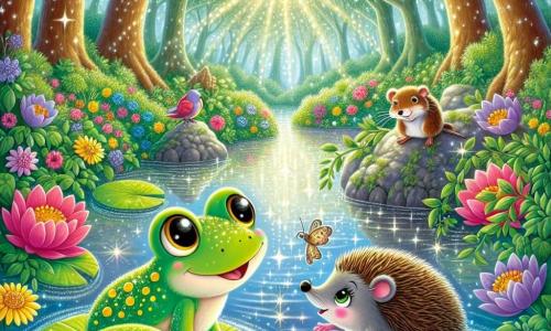 Une grenouille nommée Lila, d’un vert éclatant avec des taches dorées, se tient sur un nénuphar, prête à partir à l'aventure. À ses côtés, un hérisson timide nommé Max, inquiet, observe la forêt depuis une pierre, tandis qu'une souris espiègle nommée Trixie, vive et espiègle, fait des gestes pour encourager Max. Le décor est un étang scintillant, entouré de fleurs colorées et de grands arbres, où la lumière du soleil crée des reflets dans l'eau. Lila, Max et Trixie se préparent à quitter l'étang pour explorer la forêt enchantée, remplis d'enthousiasme et d'appréhension, prêts à découvrir la magie au-delà des rives.