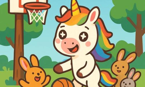 Une petite licorne nommée Lila, avec une crinière arc-en-ciel et des yeux pétillants, dribble un ballon de basketball avec ses sabots, souriante et excitée. À côté, un groupe de lapins de différentes couleurs saute de joie, l'un applaudissant Lila tandis qu'un autre l'admire. La scène se déroule dans une clairière ensoleillée, entourée d'arbres et de fleurs, avec un anneau de basketball suspendu. Lila, déterminée, tente de marquer un panier sous les encouragements des lapins.