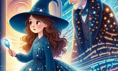 Au centre de l'image, Léna, une jeune fille de douze ans et apprentie sorcière, se tient avec un regard émerveillé. Elle a de longs cheveux châtains et porte une robe de sorcière bleu nuit ornée d'étoiles. Dans sa main, elle tient un petit miroir argenté qui brille. À ses côtés, un voyageur aux cheveux argentés, âgé d'environ quarante ans, vêtu d'un manteau étoilé, l'encourage avec bienveillance. Le décor est une chambre fantastique avec des murs de brume lumineuse et des mots flottants. Une porte de brume s'ouvre sur un escalier en spirale, menant vers l'inconnu. Léna, pleine d'espoir, s'apprête à franchir la porte pour découvrir les secrets de la magie qui l'entoure, dans une atmosphère chargée de mystère et d'aventure.