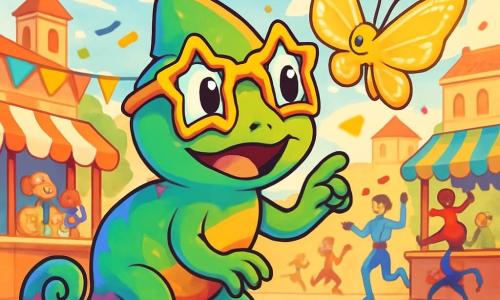 Un petit caméléon nommé Pistache, avec une peau aux couleurs de l'arc-en-ciel, exprime excitation et curiosité. Il porte des lunettes en forme d'étoile et se tient sur la pointe des pattes, observant la foule d'un carnaval. À ses côtés, un papillon doré aux ailes scintillantes vole gracieusement, flottant juste au-dessus de son nez. Le décor est une place centrale ornée de guirlandes multicolores et de confettis, avec des stands de bonbons vifs et des jongleurs en arrière-plan, créant une ambiance festive. Pistache cherche la clé du char enchanté, déterminé, tandis que le papillon lui indique la direction, ajoutant une touche de magie à sa quête.