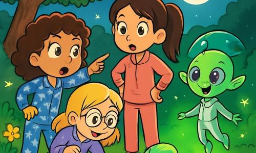 Quatre personnages se trouvent dans un jardin verdoyant illuminé par la lune : Zoé, une fille de 10 ans aux cheveux châtains bouclés en pyjama bleu, pointe une lumière verte ; Myriam, également de 10 ans, avec des cheveux longs en queue de cheval et un pyjama rose, exprime son étonnement ; Lila, avec des cheveux blonds et des lunettes rondes, examine un petit robot hérisson en pyjama violet ; et Zirgul, une extraterrestre petite avec une peau verte et une combinaison argentée, flotte devant une navette ronde qui brille. Ils découvrent ensemble la navette, fascinés, tandis que le robot Piko fait des pirouettes autour d'eux.