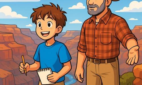 Lucas, un garçon de 12 ans aux cheveux châtains et aux yeux curieux, se tient au bord d'une falaise du Grand Canyon, émerveillé, avec un grand sourire. Il porte un t-shirt bleu, un short beige et des baskets usées, tenant un carnet et un crayon, prêt à dessiner. À ses côtés, Sam, un homme d'environ 40 ans avec un chapeau de cowboy et une barbe poivre et sel, observe le paysage avec sagesse, vêtu d'une chemise à carreaux et de pantalons en toile. Le Grand Canyon s'étend derrière eux, avec des falaises rougeoyantes sous un ciel bleu parsemé de nuages. Le fleuve Colorado scintille en bas. Lucas, fasciné, admire le paysage tandis que Sam lui parle des merveilles de la nature. L'atmosphère est remplie d'excitation et de découverte.