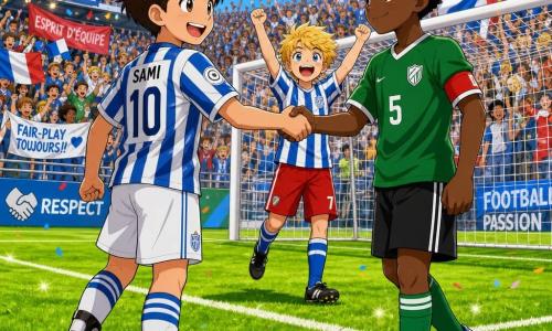 Sami, garçon souriant aux cheveux courts bruns, porte un maillot à rayures bleues et blanches, chaussettes longues et protège-tibias ; il lève la main après une passe décisive près du ballon noir et blanc ; son ami Tom, environ 11 ans, cheveux blonds en bataille en short rouge, célèbre un but bras en l’air ; un adversaire d’environ 12 ans, cheveux noirs, respecteux, tend la main pour le saluer en avant des filets ; stade à pelouse verte, gradins animés, ciel bleu et projecteurs, ambiance festive avec confettis ; style manga enfants, traits doux, couleurs vives et rendu lumineux.