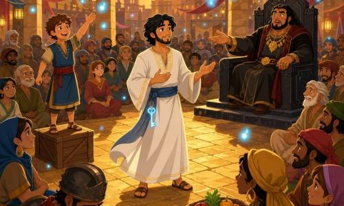 Ilyas au visage doux et serein, en robe blanche avec une clé bleue brillante en poche, se tient au centre de la grande place d'Azmar et parle calmement pour la paix tandis que le garçon Sami (≈9 ans) sourit en se tenant sur une caisse à droite et que Kadir, assis sur un trône de pierre noir à l'arrière, passe du mépris à la surprise en tendant la main pour céder ; la foule — hommes, femmes et quelques soldats — assise en cercle exulte, la place aux pavés dorés est décorée de tentures rouges et bleues, lanternes et banderoles au coucher du soleil, avec de petites lumières bleues flottantes évoquant des esprits.