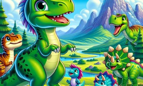 Un vélociraptor aux plumes vertes nommé Raptor se tient au sommet d'une montagne, souriant et prêt à explorer. À ses côtés, Trixie, un tricératops aux trois cornes colorées, et Dino, un stégosaure, admirent la vue. En arrière-plan, Bruno, un brontosaure au long cou, se tient majestueusement, prêt à les aider. Le paysage est une vallée verdoyante avec des fleurs colorées, des rivières scintillantes, des arbres géants et des nuages dans le ciel bleu. Raptor et ses amis, réunis au sommet de la montagne, sont prêts à partir à l'aventure pour protéger leur vallée.
