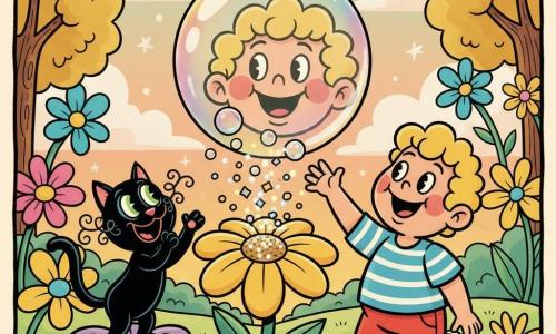 Un petit garçon de 2 ans, joyeux et émerveillé, à genoux dans l'herbe, cheveux blonds bouclés, chemise rayée bleu et blanc et culotte courte rouge, tend la main vers une grosse bulle brillante; à gauche, le chat Pipo au pelage noir lustré, yeux verts ronds, moustaches exagérées et grand sourire, se tient sur une fleur géante avec une patte levée comme pour applaudir; jardin fantasque aux herbes ondulées et fleurs oversize multicolores, au centre une grande fleur magique jaune soufflant des bulles translucides et des confettis scintillants, arrière-plan d'arbres arrondis et ciel pastel au coucher du soleil; une bulle énorme au premier plan reflète le visage du garçon; ambiance chaleureuse et lumineuse, contrastes doux, traits épais et textures encrées vintage, palette chaude et gaie (jaune, rose, turquoise), composition simple en gros plan, style enfantin aux lignes courbes et mouvements exagérés.