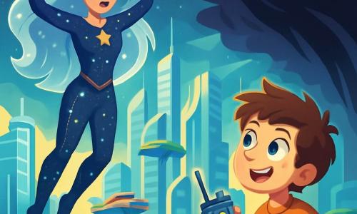 Nova Stella, une femme grande et athlétique, flotte dans les airs avec une expression déterminée. Sa chevelure argentée brille et son costume bleu nuit, orné de constellations, scintille sous la lumière. Elle lève les bras pour dissiper un dôme d’ombre menaçant qui enveloppe le quartier des inventions. À ses côtés, Max, un garçon de 10 ans aux cheveux bruns en bataille, l'observe avec admiration, prêt à l’aider avec son petit appareil inventé. Le quartier futuriste de Luminopolis, avec ses gratte-ciels brillants et ses véhicules volants, est assombri par une ombre inquiétante. Nova se prépare à libérer la lumière pour protéger les habitants, tandis que Max se tient prêt à l'assister dans cette aventure héroïque.