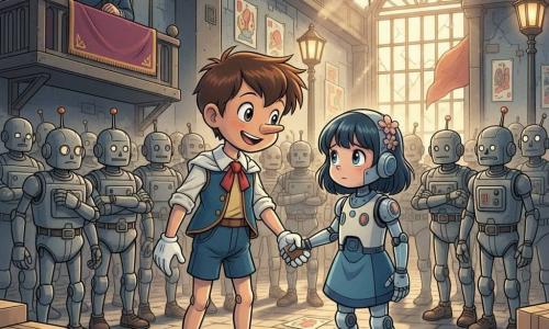 Pinocchio (garçon, bien identifié comme Pinocchio) sourit avec détermination, nez court, peau de bois vernie, cheveux bruns hirsutes, yeux grands et brillants, tendant la main gauche vers Robotina (fille robot en métal ivoire aux touches d'azur) au visage ému, yeux LED doux, joints visibles et petites fleurs peintes sur l'épaule, qui lui serre la main à sa droite; derrière eux, une petite foule de robots ouvriers aux silhouettes métalliques variées, posture fatiguée mais attentive, mains croisées ou tenant des outils, regarde la scène; à gauche en arrière-plan le Roi Démocrate (environ 50 ans, costume solennel, expression pensive) observe depuis un balcon drapé de tapis pourpre; lieu : grande place industrielle transformée en agora avec pavés usés, vieux lampadaires en fer forgé, verrières brisées laissant filtrer des rayons de soleil doré, banderoles colorées au vent, et au sol boîtes, engrenages et affiches aux slogans manuscrits; situation principale : Pinocchio et Robotina annoncent la liberté des robots dans une scène émotive et triomphante, lumière chaude sur leurs visages, composition centrée et dynamique, contrastes nets entre bois, métal et tissu, palette douce avec accents bleu et or; style : traits manga nets, expressions exagérées mais tendres, proportions enfantines et détails texturés sur le bois et le métal, ambiance d'espoir et de justice.