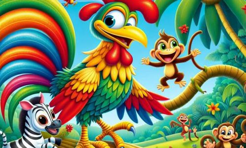 Coco, le coq malicieux, se tient au sommet d'un grand arbre, ses plumes rouges et dorées brillent sous le soleil. Il sourit espièglement, les yeux pétillants. À ses côtés, Zaza la zébrelle, avec ses rayures scintillantes, saute joyeusement. Max le singe, aux poils bruns, se balance sur une liane en riant, tandis que Lili la grenouille bondit sur un nénuphar, éclaboussant de l'eau. La scène se déroule dans la jungle de Bambouville, entourée de grandes feuilles et de fleurs colorées. Au pied de l'arbre, une mangue dorée brille. Coco et ses amis sont prêts à relever le défi de la course d'obstacles, remplis d'excitation et de rires.