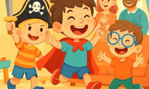 Trois personnages sont présents : Timothée, un garçon de 6 ans avec des cheveux bruns en bataille, une cape rouge et un grand sourire, qui saute joyeusement au centre ; Édouard, 7 ans, avec des cheveux blonds et un chapeau de pirate noir, brandissant une épée imaginaire à gauche de Timothée ; et Maxime, 5 ans, avec des cheveux châtains et de grandes lunettes glissant sur son nez, à droite de Timothée, faisant des grimaces. L'action se déroule dans un salon lumineux aux murs jaunes pastel, avec des jouets au sol et une grande fenêtre laissant entrer la lumière. Les enfants défilent joyeusement dans leur parade costumée, riant sous le regard émerveillé de leurs parents.