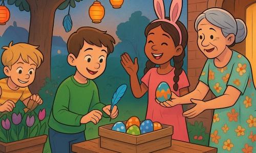 Dans un jardin de village au crépuscule, Tom, Émilie et Lucas, enfants d'environ 10 ans, partagent joyeusement des œufs de Pâques colorés autour d'une table rustique sous un grand chêne décoré de guirlandes et lanternes, pendant que Mme Dupont, une voisine âgée, reçoit un œuf avec émotion, créant une ambiance printanière et conviviale.