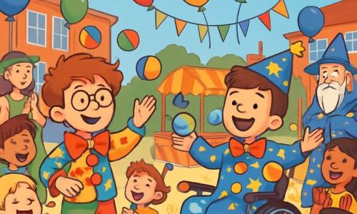 Il y a deux personnages principaux : Enzo, un garçon de 10 ans avec des cheveux en bataille et des lunettes de travers, portant un costume de clown coloré et jonglant avec des balles peintes, et Lucas, un garçon de 10 ans en fauteuil roulant, souriant et habillé en clown céleste avec des planètes en papier mâché et des guirlandes lumineuses. L'action se déroule dans la cour de l'école des Marronniers, décorée de banderoles, de ballons et de stands de jeux, où des enfants rient et dansent. Enzo et Lucas sont sur scène, joyeux, jonglant et dansant ensemble devant une foule émerveillée, créant une atmosphère festive.