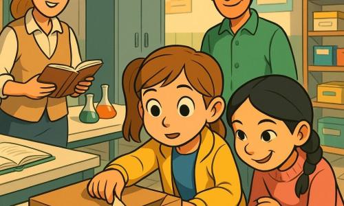 Zoé, 8 ans, cheveux châtain clair en couettes, yeux brillants, veste jaune et robe bleue, tend la main pour tirer un coin de facture d’une boîte étiquetée « Sciences et Compagnie » posée sur une table de labo lumineux; Lina, 7–8 ans, tresse noire et pull rose, accroupie à côté d’elle, sourit en regardant le papier; Monsieur Karim, ~35–40 ans, peau bronzée et chemise verte, se tient en retrait près d’une armoire métallique, souriant et approbateur; la maîtresse, ~30–40 ans, cheveux blonds attachés et gilet beige, tient un petit carnet ouvert sur un bureau à gauche, regard soulagé; ambiance de découverte chaleureuse avec tables blanches, flacons colorés, étagères étiquetées et affiches pédagogiques.