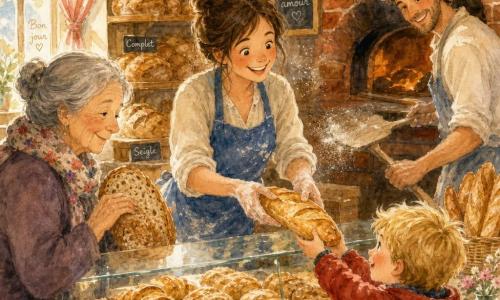 Une boulangerie chaleureuse aux tons chauds: une boulangère brune en chignon, tablier bleu poudré de farine, souriante et concentrée, tend une baguette tiède à Jules, un garçon de six ans aux cheveux blonds en bataille et manteau rouge, émerveillé; derrière, Léo, collègue de trente ans aux manches retroussées, tient une pelle à pains près du four en brique; une cliente âgée aux cheveux gris et écharpe à fleurs touche la mie d'un pain complet sur le comptoir; vitrine en verre, étagères en bois garnies de pains dorés, croissants et farine en suspension, ambiance tendre et animée.