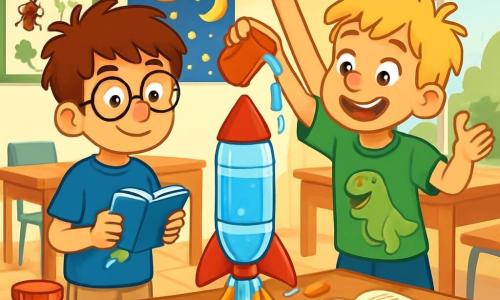 Léo, un garçon de 8 ans aux cheveux bruns en désordre et lunettes rondes, porte un t-shirt bleu avec une fusée et un short beige. Il tient un carnet et sourit curieusement. À ses côtés, Max, également âgé de 8 ans, a des cheveux blonds en bataille et un grand sourire, vêtu d'un t-shirt vert avec un dinosaure et un pantalon court. Ils se trouvent dans une salle de classe lumineuse, ornée de posters sur les sciences, avec des tables en bois chargées de matériel scientifique. Léo et Max travaillent ensemble à construire une fusée à eau, concentrés et joyeux, entourés de camarades curieux. Léo prend des notes pendant que Max ajoute de l'eau dans la fusée, créant une atmosphère excitante.