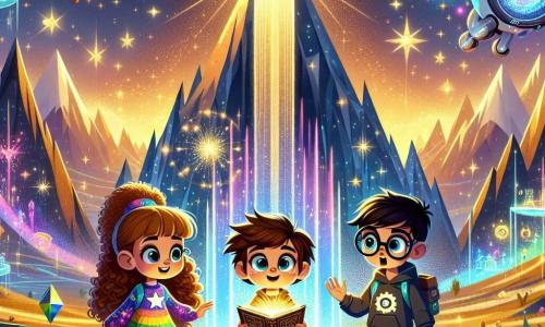 Trois personnages principaux se tiennent au centre de la scène : Léa, une fille de 10 ans aux longs cheveux bouclés et aux yeux pétillants, sourit en tenant un livre ancien dont les pages brillantes s'envolent autour d'elle. Tom, un garçon de 11 ans avec des cheveux châtains en bataille et des lunettes rondes, observe une boussole magique scintillante dans sa main, affichant une expression d'émerveillement. Max, un garçon de 12 ans avec une jambe en métal, se tient à côté d'eux, les bras croisés et souriant, prêt pour l'aventure. Le lieu est une vallée enchantée baignée de lumière dorée, entourée de montagnes scintillantes et d'une cascade de lumière créant un arc-en-ciel. Des créatures fantastiques volent autour d'eux, ajoutant de la magie à l'environnement. Les enfants sont réunis autour d'un grand cristal flottant vibrant de couleurs, posant leurs mains dessus pour restaurer l'équilibre entre magie et science, tandis qu'une onde de lumière les enveloppe, illuminant la vallée.