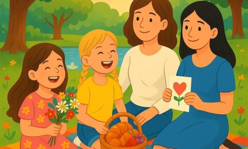 Quatre personnages se trouvent dans un parc verdoyant : Soline, une fille de 8 ans avec de longs cheveux bruns et une robe rose à fleurs, sourit en tenant un bouquet de fleurs sauvages ; Léa, également âgée de 8 ans, a des cheveux blonds en tresses et porte un t-shirt jaune et un short en jean, riant avec un panier de croissants et de fruits. Les mamans des filles, d'environ 35 ans, sont présentes : celle de Soline, avec des cheveux châtains en blouse blanche et jean, regarde sa fille avec tendresse, tandis que celle de Léa, en robe bleue, sourit en tenant une carte faite main. La scène se déroule sous la lumière dorée du soleil, avec des arbres majestueux, une pelouse verdoyante, et un lac scintillant à proximité. Les deux amies préparent un pique-nique surprise pour la fête des mères, riant ensemble avec leurs bras chargés de délices, tandis que des bateaux en papier flottent sur le lac.
