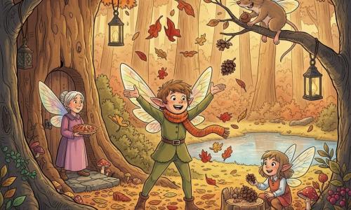Lysandre, jeune lutin joyeux à la fourrure mousse et aux ailes irisées, lance des feuilles rouges et dorées au centre d'une clairière d'automne baignée de lumière dorée; sa sœur Azalée, espiègle, joue avec des pommes de pin près d'une souche, Baptiste le mulot, vif, grimpe sur une branche en montrant une noisette-cachette, la grand-mère fée tient une tarte aux baies devant la porte d'une maison creusée dans un vieux chêne, un hérisson dort sous une racine; tous ramassent trésors et décorent la clairière — tapis de feuilles rouges, orange et jaunes, lanternes, champignons et petit étang miroitant, ambiance conviviale, chaleureuse et magique, traits nets et couleurs chaudes.