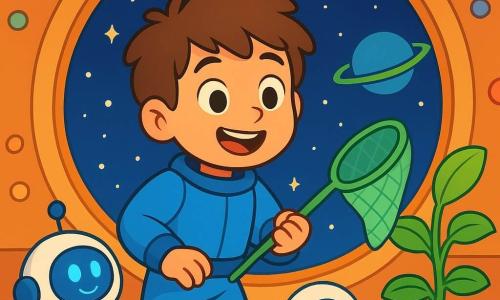 Un jeune homme nommé Malo, avec des cheveux bruns en bataille et un sourire joyeux, se trouve à l'intérieur de son vaisseau spatial rond, Boule de Nuit. Il porte une combinaison spatiale bleue et ses yeux brillent d'excitation en regardant par la fenêtre. À ses côtés, un robot ami nommé Pico, rond avec un œil bleu clignotant, roule joyeusement sur le sol, prêt à aider. Une plante verte nommée Lulu, avec des feuilles brillantes, se penche vers Malo, comme si elle voulait lui parler. Le vaisseau est illuminé par des lumières douces et ses murs sont ornés de boutons colorés. À l'extérieur, l'espace est vaste, parsemé d'étoiles et d'une planète bleue entourée d'un anneau vert. Malo prépare son filet pour ramasser des objets perdus dans l'Anneau Vert, concentré et heureux, tandis que Pico l'encourage et Lulu semble impatiente de commencer l'aventure.