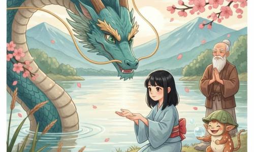 Jeune fille d’environ 12 ans aux cheveux noirs lisses jusqu’aux épaules, peau claire et yeux noisette, visage doux et déterminé, agenouillée au bord d’un lac de montagne japonais au matin en kimono bleu pâle et ceinture rouge, mains tendues vers l’eau tandis qu’un grand dragon du lac aux écailles turquoise rehaussées de perles dorées émerge derrière elle, la tête inclinée comme en conversation; à droite sur un rocher, un petit yokai kappa au pelage roux et taches blanches, coiffé d’un chapeau d’algue, tient une bulle d’eau en jouant; en retrait sur la rive, le vieux maître Takeshi, homme d’environ 70 ans à longue barbe blanche et vêtements traditionnels bruns, observe la scène les mains jointes; décor: eau limpide reflétant un ciel pâle, sakuras en fleurs, pierres moussues et roseaux, montagnes bleutées, ambiance paisible et magique aux couleurs douces (roses, turquoises, verts) avec touches dorées et texture de gouache, contours légèrement flous et formes simples adaptées aux enfants.