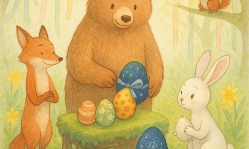 Miel, un grand ours brun au pelage chaud, tient dans ses pattes Comète, un œuf bleu nuit à ruban argenté, et présente délicatement un œuf à points dorés posé sur la mousse ; Zia la renarde, à gauche, sourit approbatrice, Plick le lapin, à droite, tient un œuf nacré et se penche avec curiosité, Touffe l’écureuil, perché derrière, applaudit, tandis que la clairière tapissée de mousse et d’une table centrale couverte d’œufs colorés, de rubans pastel et de jonquilles baigne dans la lumière douce du soleil couchant lors de cet échange tendre et apaisé où Miel rend l’œuf à points dorés à la table commune et pose Comète pour que le groupe choisisse.