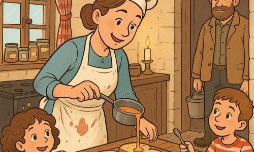 Une cheffe souriante et concentrée, Ana, cheveux châtain en chignon, toque blanche et tablier crème taché, verse une réduction laiteuse dorée depuis une petite casserole sur des tranches de pain chaud posées sur une planche en bois; un chat gris rayé nommé Matou est roulé sur le rebord de la table et observe la sauce; Jules, fermier d'environ 50 ans, barbu, veste en toile et bottes crottées, tient un petit seau de lait dans l'embrasure de la porte et sourit; une fillette d'environ 7 ans, cheveux bouclés en robe à pois, est debout sur un escabeau, fascinée, et un garçon d'environ 9 ans en t-shirt rayé, accroupi près d'un panier de fromages avec une petite cuillère, attend pour goûter; la cuisine est chaleureuse et rustique — murs en pierre claire, grandes fenêtres à rideaux à carreaux rouges, étagères garnies de bocaux, une cuisinière en fonte, plan de travail en bois patiné, quelques flammes sous la casserole et des bougies —, la scène capture les gouttes dorées de la réduction qui tombent sur le pain, des miettes, des expressions émerveillées, des odeurs imaginées de vanille et de thym; style graphique clair, couleurs chaudes et contrastées, traits nets, textures bois/tissu/métal, composition centrée sur Ana en cadrage moyen.