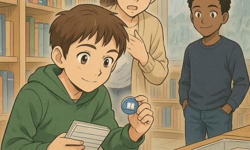 Garçon de 12 ans concentré et curieux, cheveux bruns courts et yeux noisette, accroupi, tenant un petit carnet rayé dans une main et un badge rond bleu dans l'autre, léger sourire, sweat vert et jean usé; derrière lui Inès, bibliothécaire d’environ 35 ans, châtain en queue de cheval, inquiète puis soulagée, main sur la poitrine en regardant le badge retrouvé; à droite Malik, ami confiant et amusé, cheveux noirs bouclés, mains dans les poches, observant avec un petit sourire. La scène se déroule dans un CDI lumineux aux étagères en bois clair, table en chêne, boîte transparente de cartes de prêt et grande fenêtre pluvieuse; le badge bleu, petit disque brillant avec dessin de livre, est montré récupéré derrière un livre légèrement tiré, cordon jaune cassé à côté. Ambiance claire et chaleureuse, style manga aux couleurs pastel, ombres douces et composition centrée sur le garçon et le badge avec profondeur d’allées d’étagères.