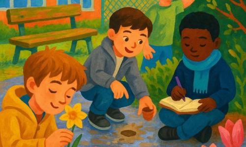 Quatre garçons explorent la nature dans une cour d'école au printemps : Léo (9 ans, cheveux châtain clair en bataille, yeux noisette, veste jaune) accroupi au premier plan à gauche sent une jonquille, Amir (9 ans, cheveux noirs courts, écharpe bleu clair) assis centre-droite note une observation dans son carnet, Jules (8 ans, cheveux blonds bouclés, t-shirt vert pâle) debout à l'arrière droite montre un bourgeon en souriant, et Noé (9 ans, cheveux bruns, petite veste grise) accroupi centre-gauche présente une empreinte dans la boue et tient un petit pot vide; la cour pavée, humide de rosée, avec bancs en bois moussus, parterres de jonquilles jaunes et tulipes roses, grille verte et ciel rosé baigne la scène d'une lumière matinale dorée; peinture acrylique aux coups de pinceau épais, textures visibles et reflets brillants sur les gouttes.